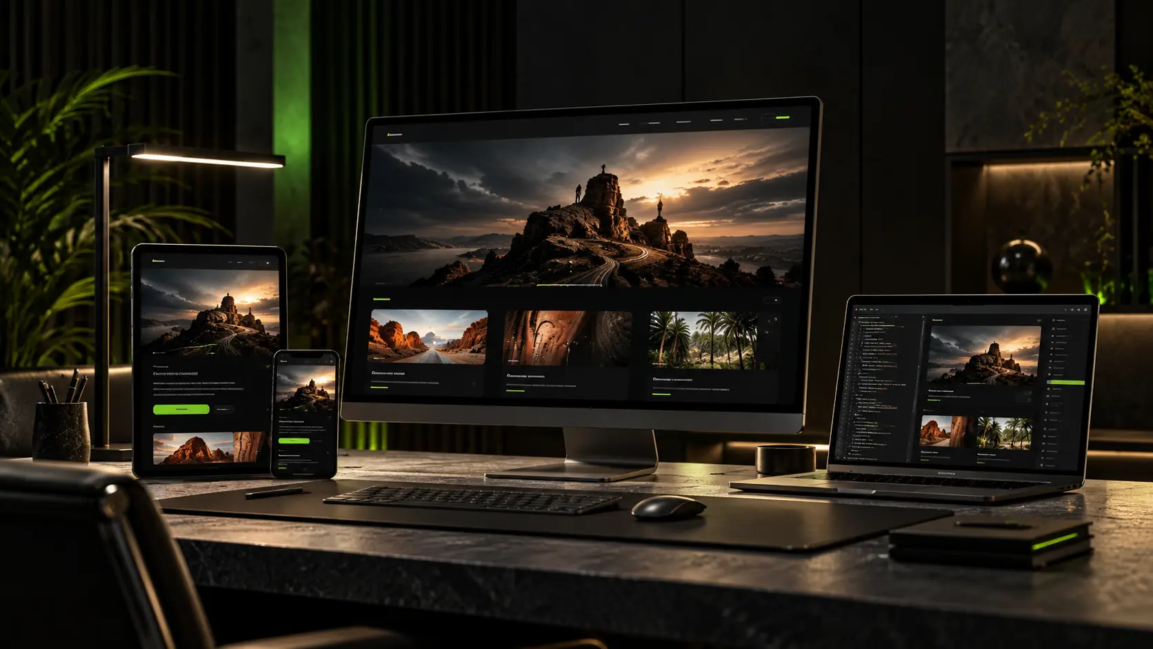 Concept illustration of a website workstation with desktop, laptop, tablet and mobile layouts.