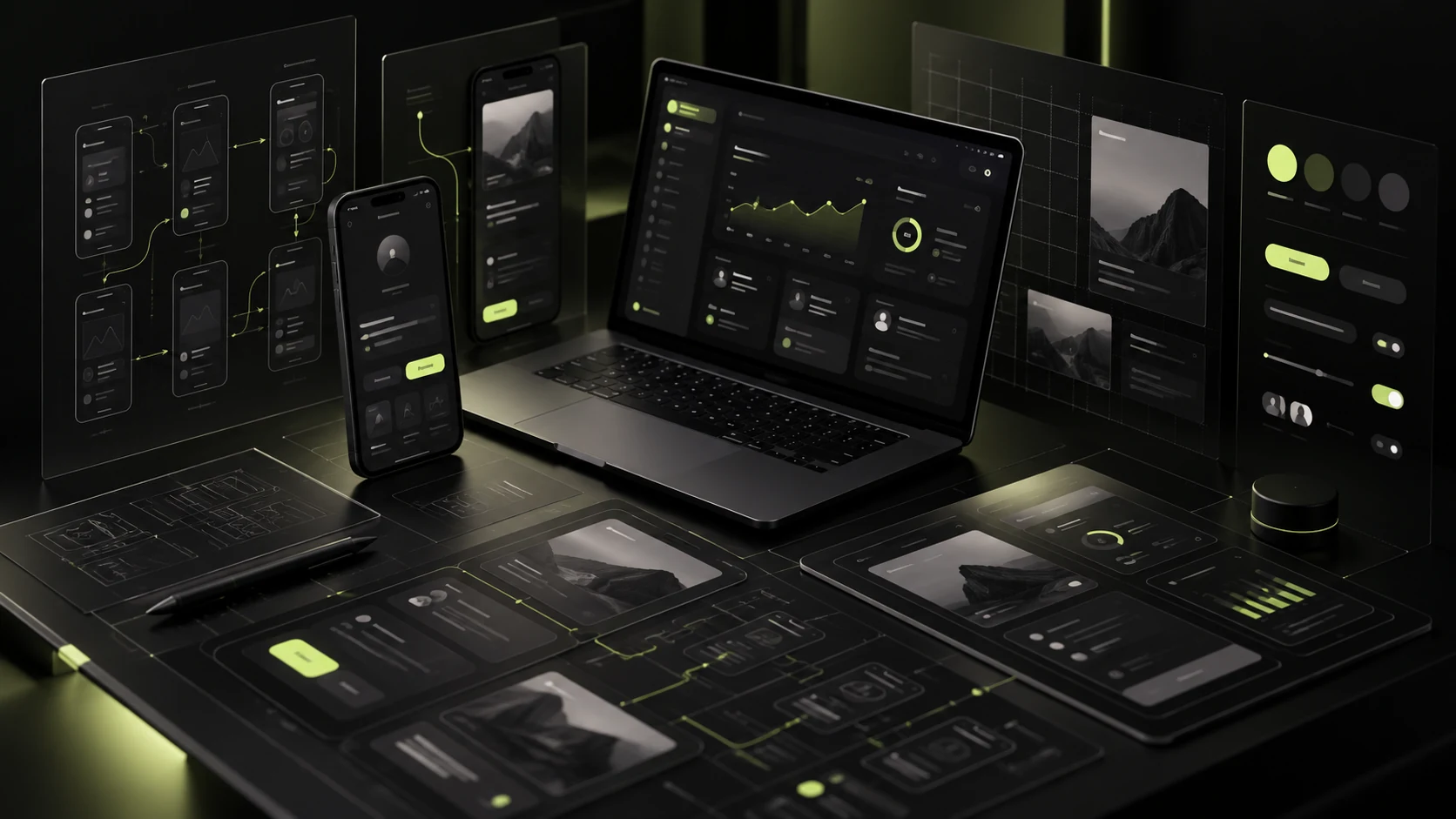 Concept illustration of wireframes, mobile user journeys, a dashboard and interface design system.