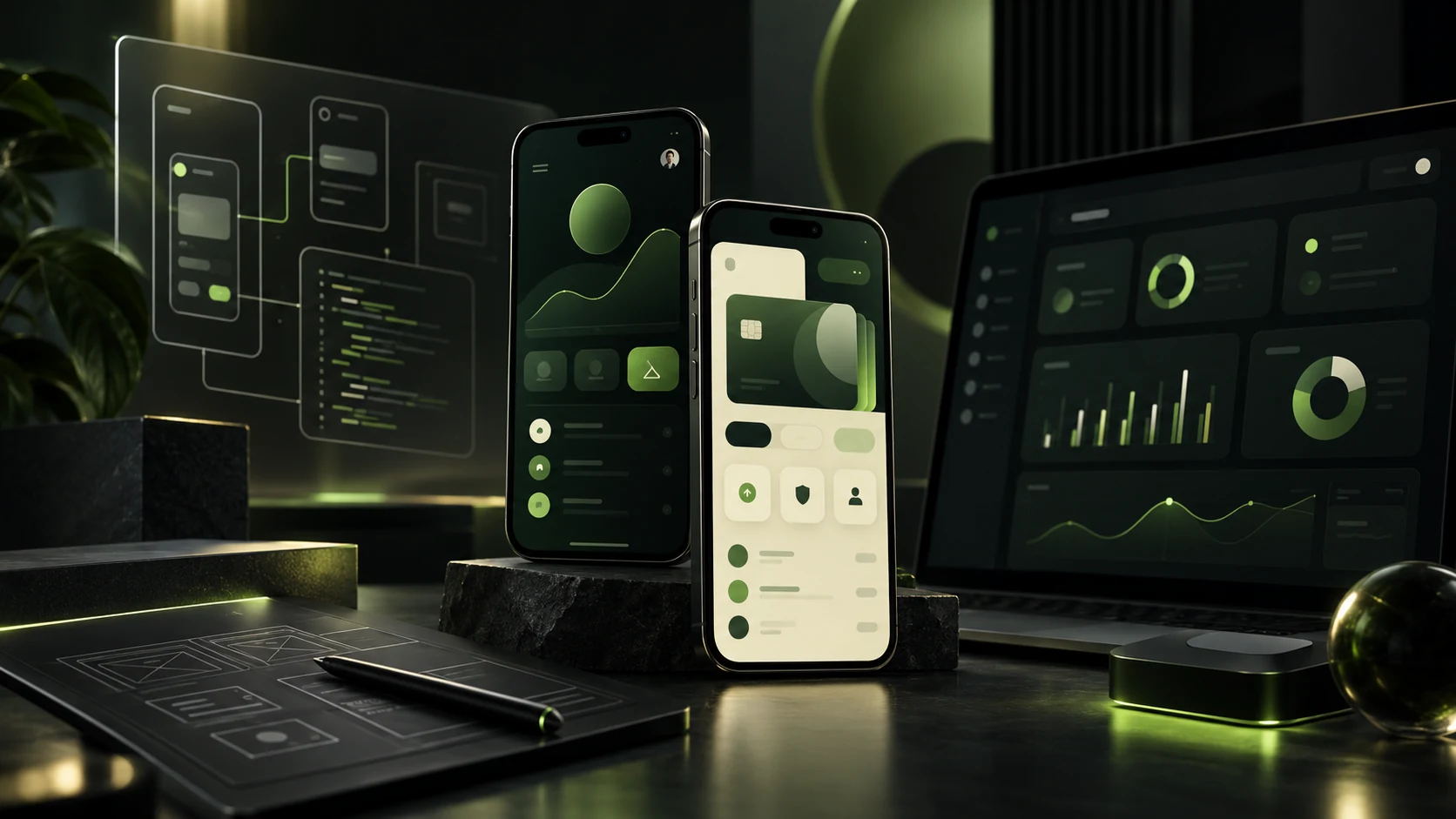 Concept illustration of mobile applications, connected screen flows and a software dashboard.