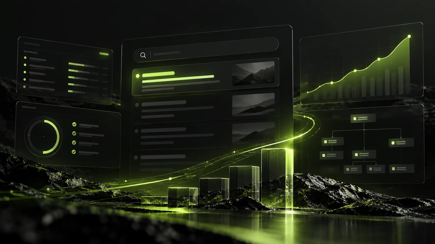 Concept illustration of a search interface, keyword research, site structure and organic search analytics.