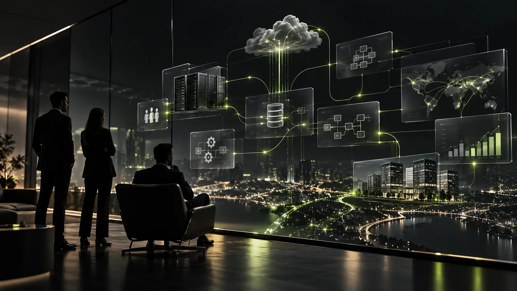 Concept illustration of interconnected enterprise systems, cloud infrastructure and digital workflows.