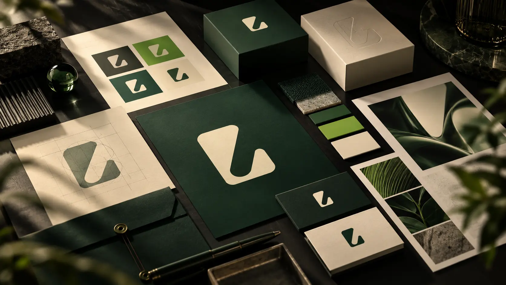 Concept illustration of brand stationery, identity applications, colour palettes and packaging.