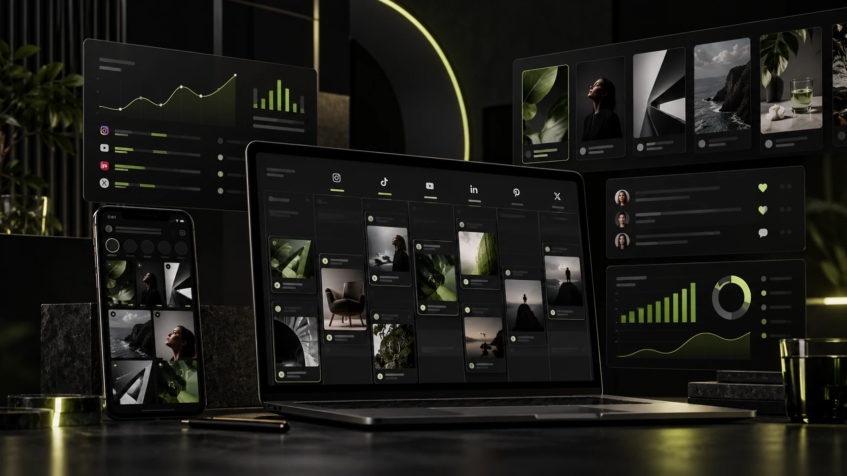 Concept illustration of a social content calendar, publishing interfaces and channel analytics.