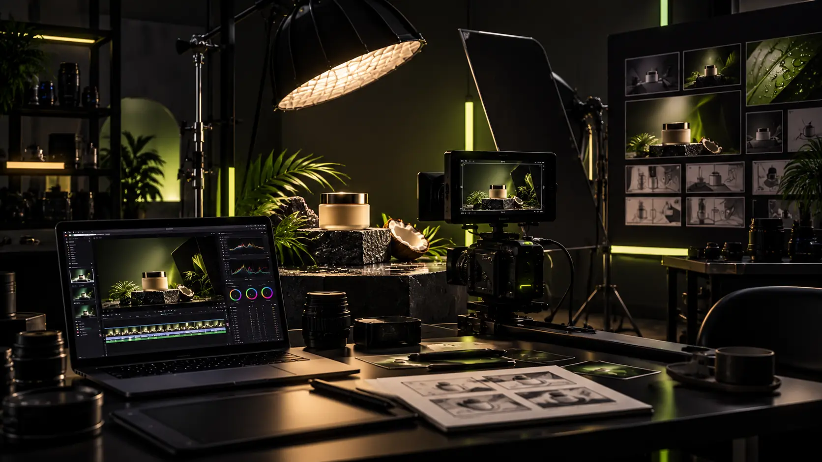 Concept illustration of a production studio with a camera, controlled lighting and editing equipment.