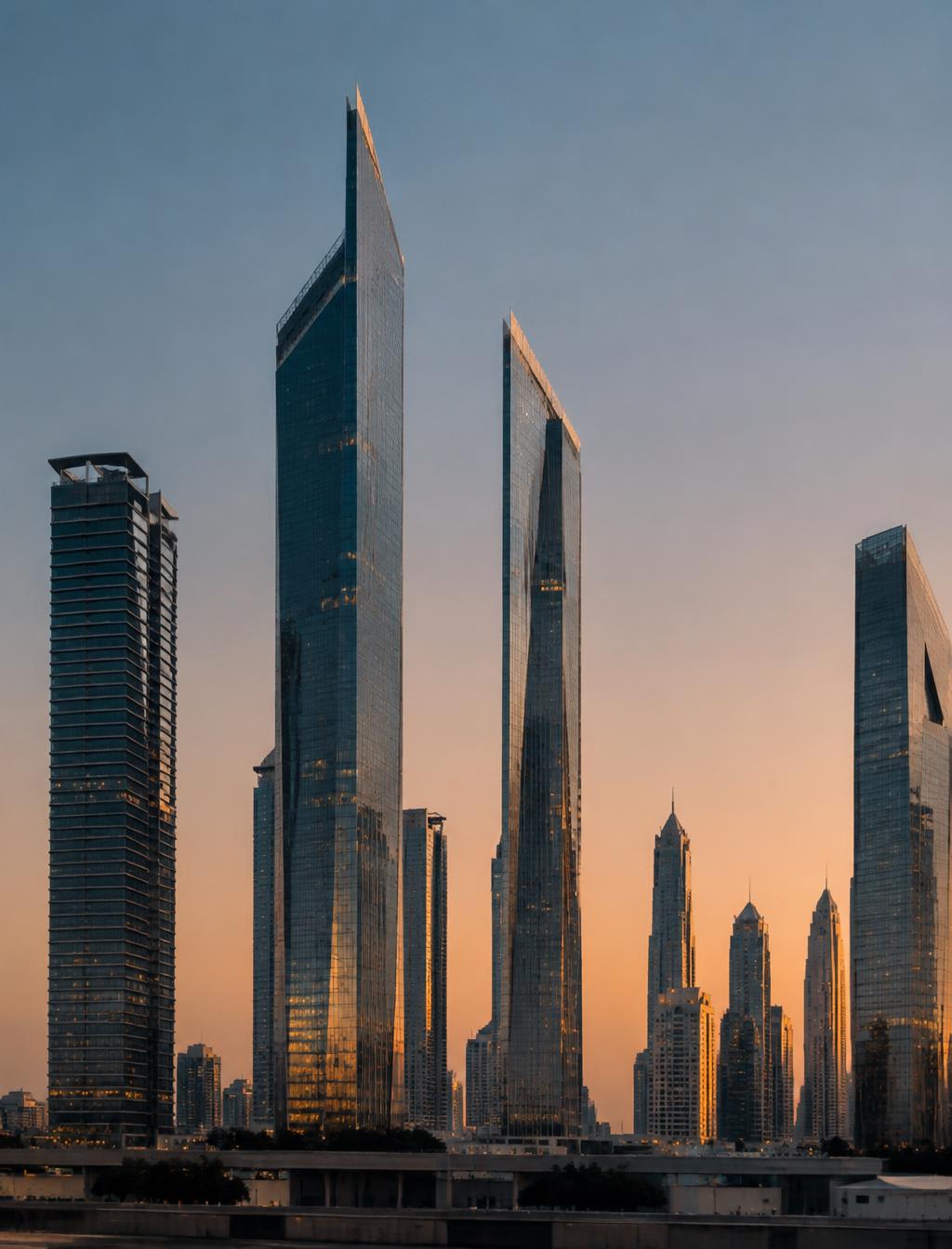 Glass towers of Dubai at dusk